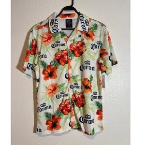 Corona NWT Men's Size S Beer-Theme Mesh Hawaiian Floral Graphic Button-Up Shirt